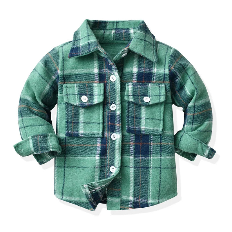 Baby Boys Girls Clothes 18M-6T Autumn/Winter Long Sleeve Coat Flannel Stand Collar Plaid Shirt Button Red Boys and Girls Coat