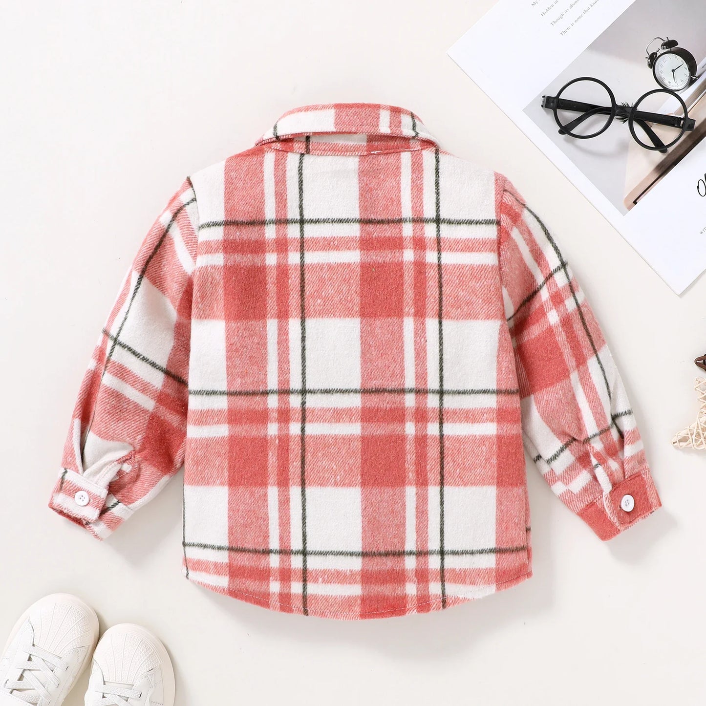 Baby Boys Girls Clothes 18M-6T Autumn/Winter Long Sleeve Coat Flannel Stand Collar Plaid Shirt Button Red Boys and Girls Coat