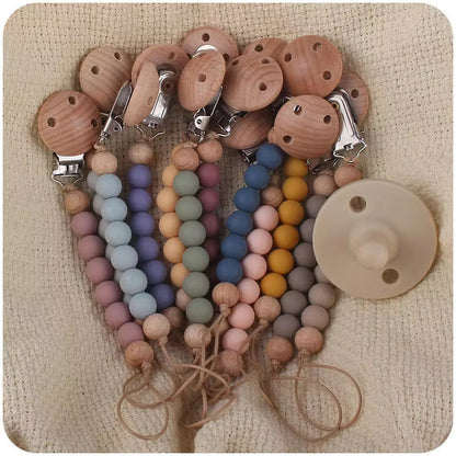 New Design Food Grade Pacifier Teether Silicone Baby Pacifier Clip Ring Wood Teether Clip Diy Beech Wood Pacifier Clip