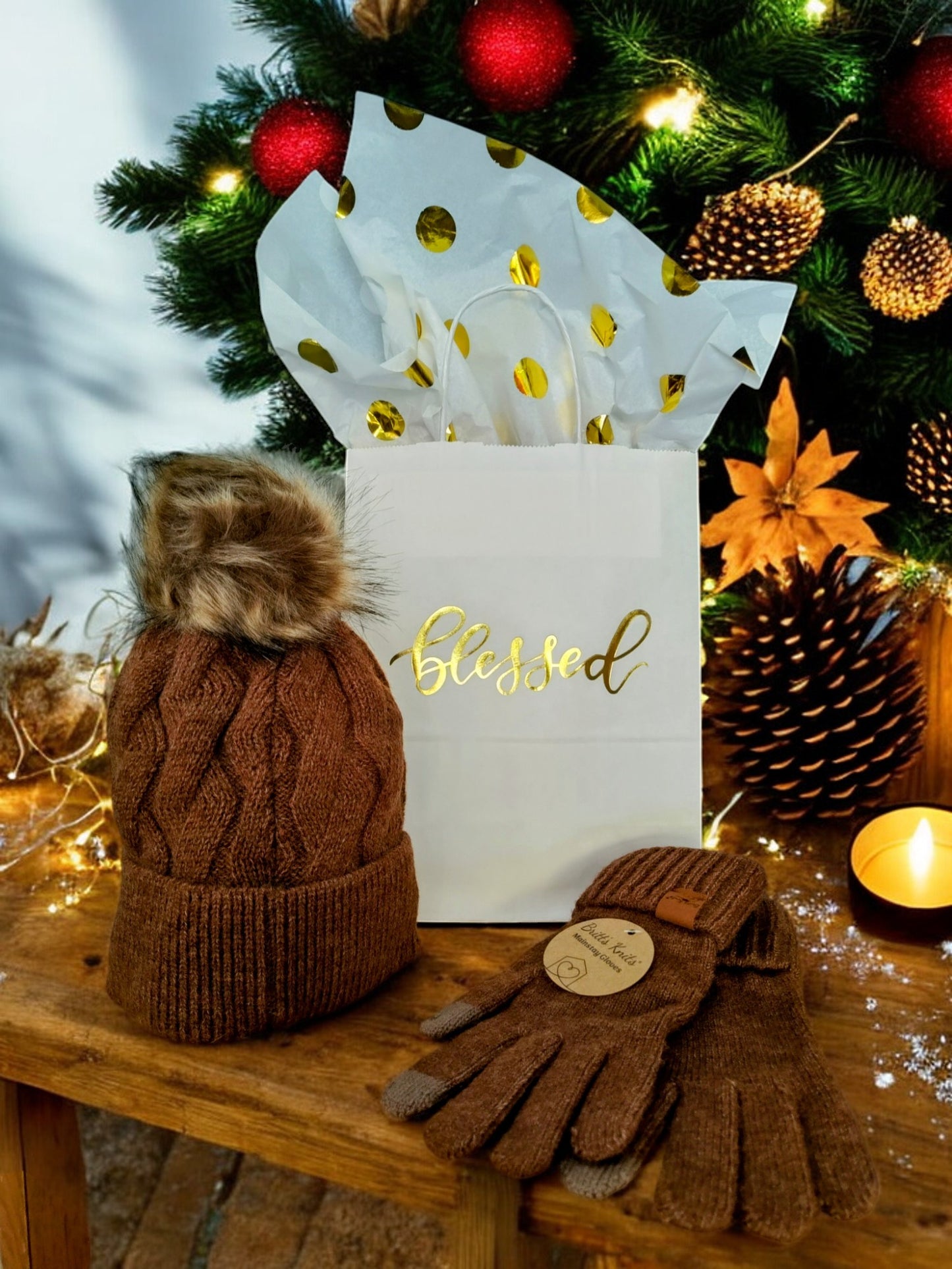 Blessed Gift Bundle: Decorative Bag, Gold Dot Tissue & Warm Hat and Glove Accessories