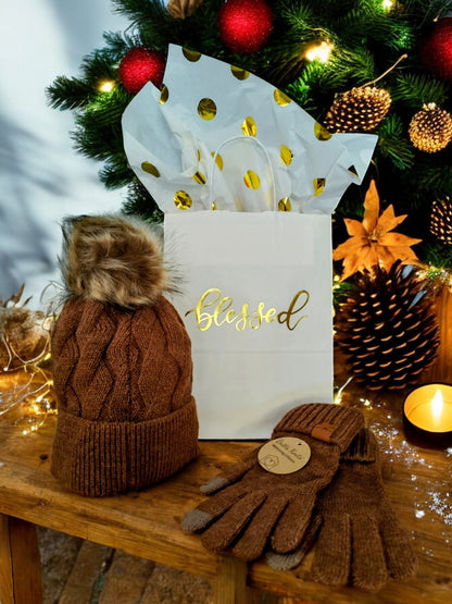 Blessed Gift Bundle: Decorative Bag, Gold Dot Tissue & Warm Hat and Glove Accessories