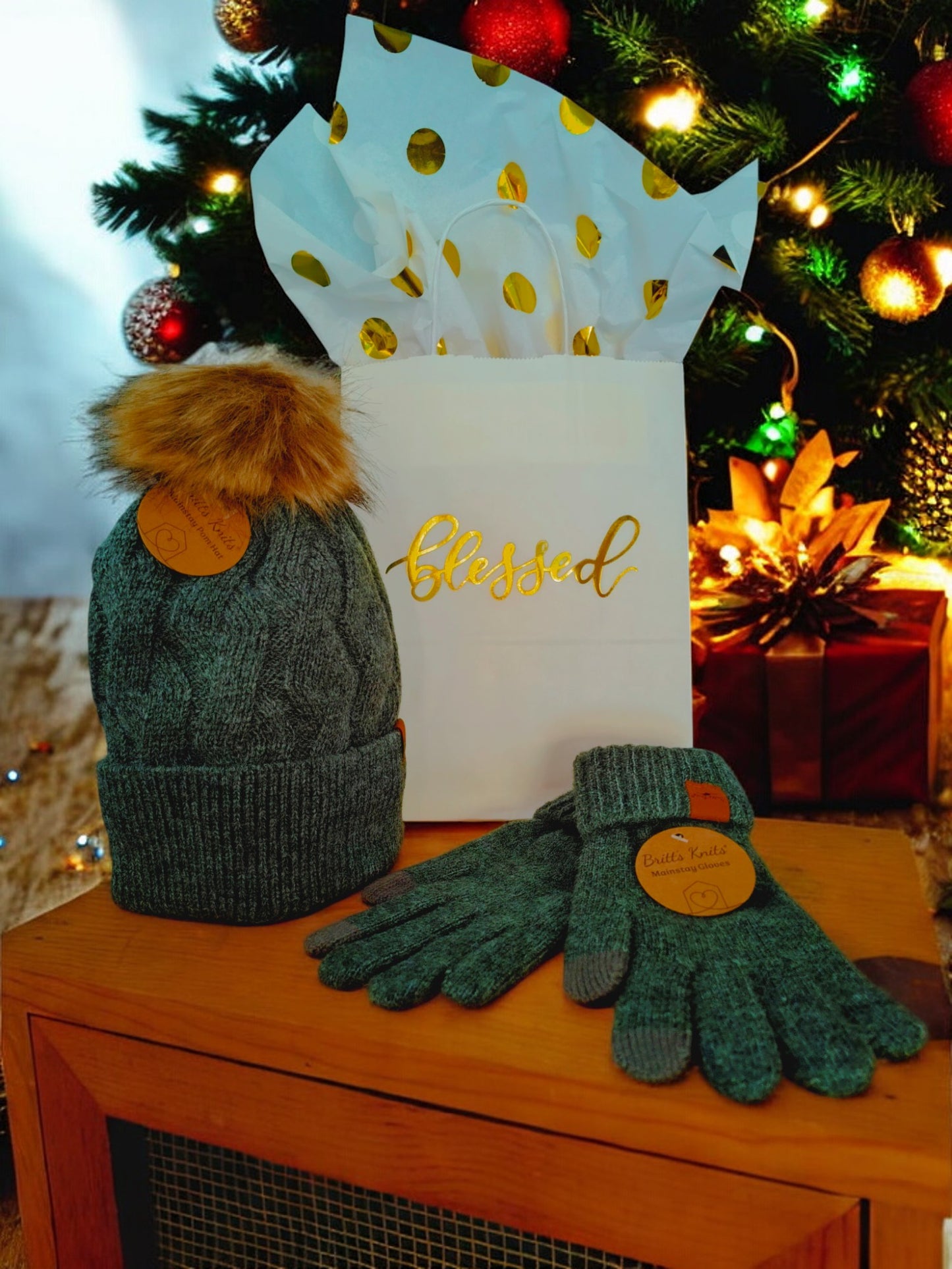 Blessed Gift Bundle: Decorative Bag, Gold Dot Tissue & Warm Hat and Glove Accessories