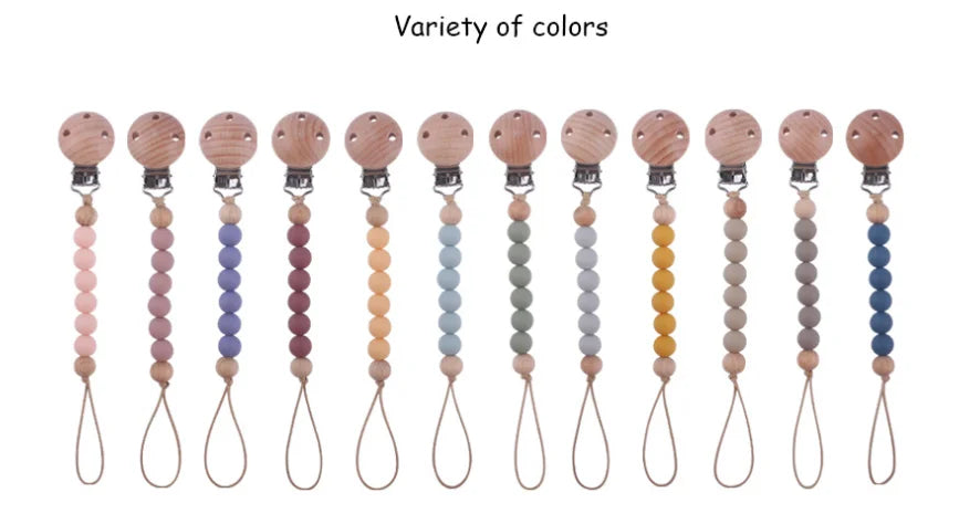 New Design Food Grade Pacifier Teether Silicone Baby Pacifier Clip Ring Wood Teether Clip Diy Beech Wood Pacifier Clip