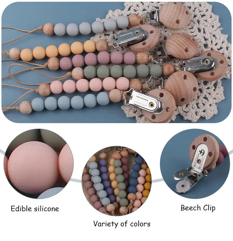 New Design Food Grade Pacifier Teether Silicone Baby Pacifier Clip Ring Wood Teether Clip Diy Beech Wood Pacifier Clip