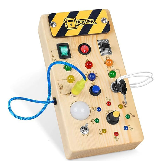 Montessori Busy Board Sensory Toys Wooden with LED Light Switch Control Board Travel Activities Children Games for 2-4 Years Old