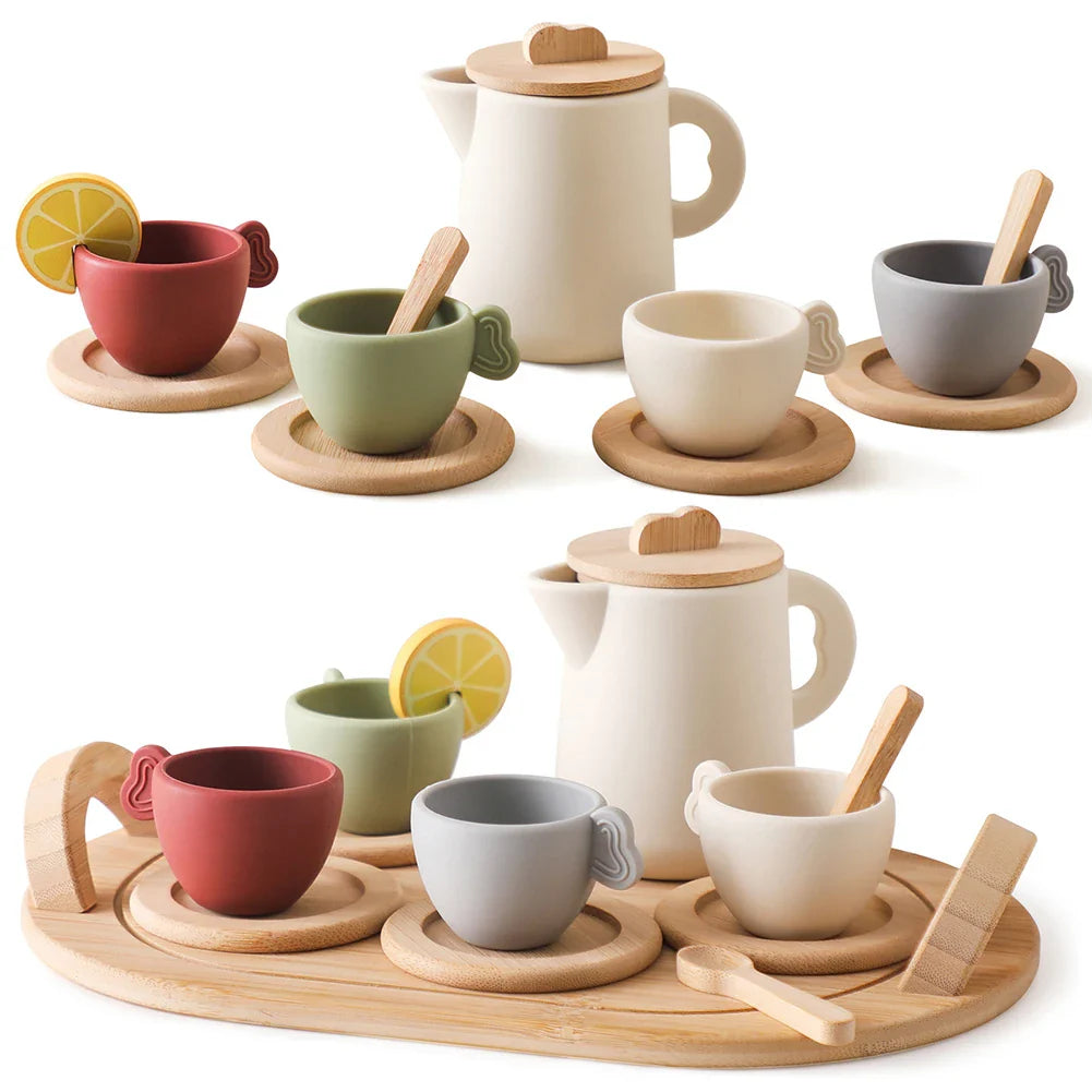 Pretend Play Tea Set Play Kitchen Accessories 9Pcs/10Pcs Wooden Tea Set Afternoon Tea Set for 3 4 5 Years Old Girls and Boys