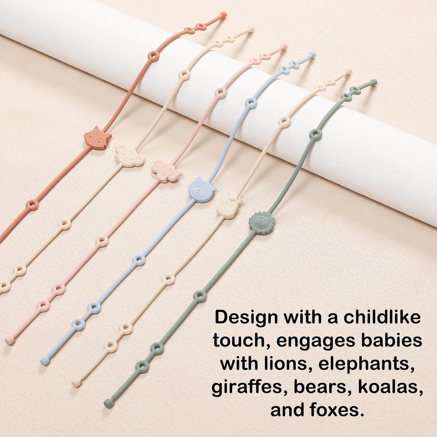 6Pcs Baby Silicone Toys Straps ,Cartoon Animal Shape Anti-Lost Adjustable Pacifier Chain for for Strollers, High Chairs