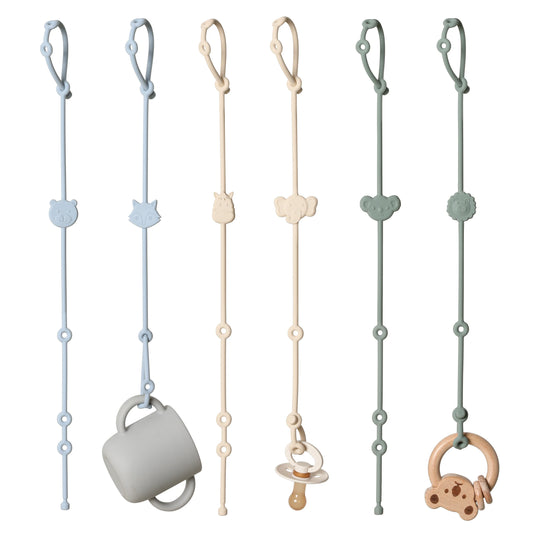 6Pcs Baby Silicone Toys Straps ,Cartoon Animal Shape Anti-Lost Adjustable Pacifier Chain for for Strollers, High Chairs