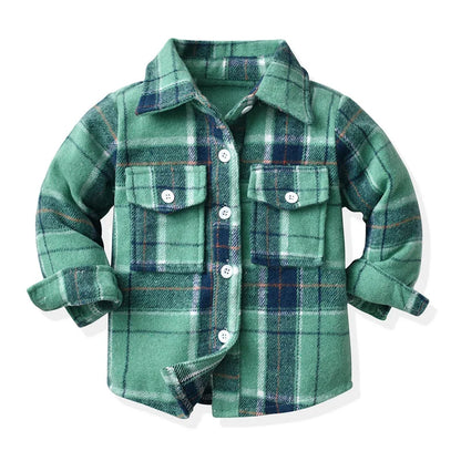 Baby Boys Girls Clothes 18M-6T Autumn/Winter Long Sleeve Coat Flannel Stand Collar Plaid Shirt Button Red Boys and Girls Coat