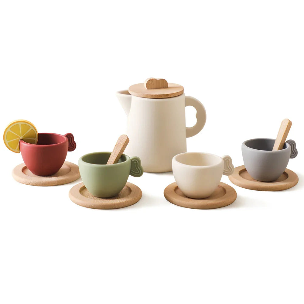 Pretend Play Tea Set Play Kitchen Accessories 9Pcs/10Pcs Wooden Tea Set Afternoon Tea Set for 3 4 5 Years Old Girls and Boys