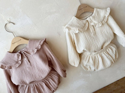 2Pcs Newborn Baby Girls Clothes Organic Cotton Ruffled Collar Lapel Long Sleeve Shirt Top + Bread Pants Korean Casual Clothing