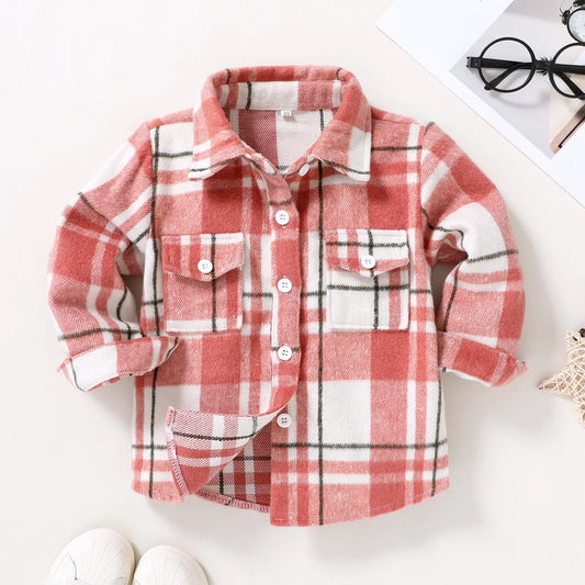 Baby Boys Girls Clothes 18M-6T Autumn/Winter Long Sleeve Coat Flannel Stand Collar Plaid Shirt Button Red Boys and Girls Coat