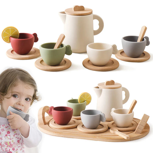 Pretend Play Tea Set Play Kitchen Accessories 9Pcs/10Pcs Wooden Tea Set Afternoon Tea Set for 3 4 5 Years Old Girls and Boys