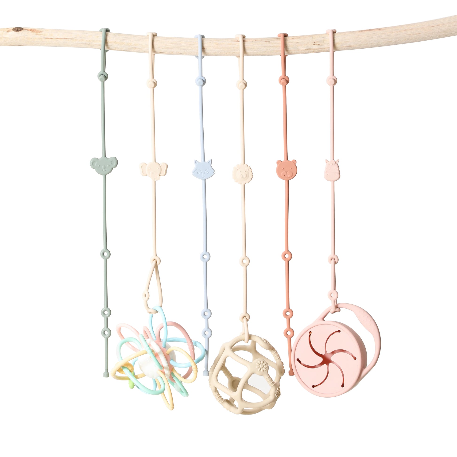 6Pcs Baby Silicone Toys Straps ,Cartoon Animal Shape Anti-Lost Adjustable Pacifier Chain for for Strollers, High Chairs
