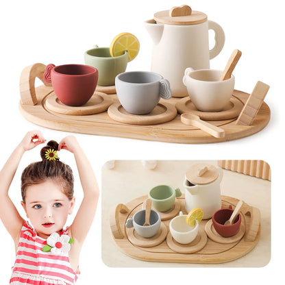Pretend Play Tea Set Play Kitchen Accessories 9Pcs/10Pcs Wooden Tea Set Afternoon Tea Set for 3 4 5 Years Old Girls and Boys