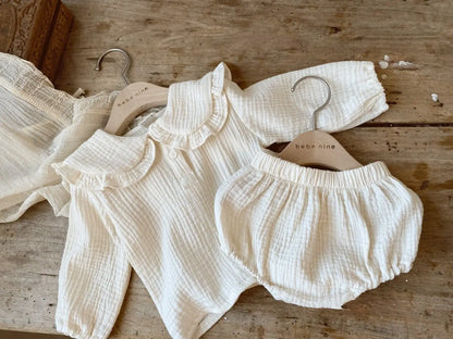 2Pcs Newborn Baby Girls Clothes Organic Cotton Ruffled Collar Lapel Long Sleeve Shirt Top + Bread Pants Korean Casual Clothing