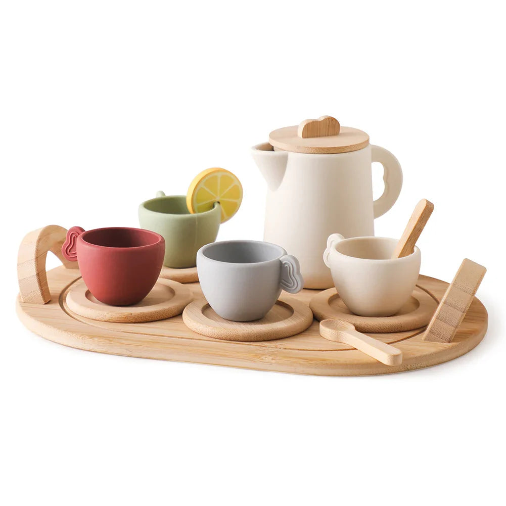 Pretend Play Tea Set Play Kitchen Accessories 9Pcs/10Pcs Wooden Tea Set Afternoon Tea Set for 3 4 5 Years Old Girls and Boys