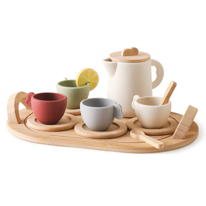 Pretend Play Tea Set Play Kitchen Accessories 9Pcs/10Pcs Wooden Tea Set Afternoon Tea Set for 3 4 5 Years Old Girls and Boys