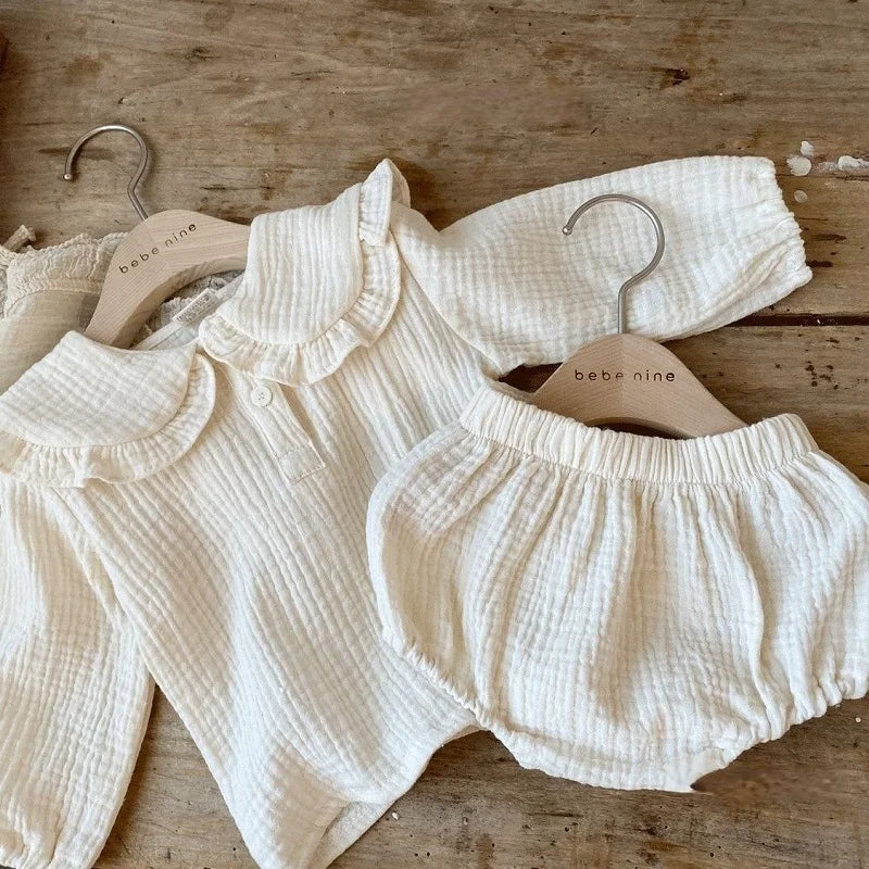 2Pcs Newborn Baby Girls Clothes Organic Cotton Ruffled Collar Lapel Long Sleeve Shirt Top + Bread Pants Korean Casual Clothing