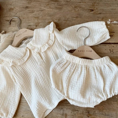 2Pcs Newborn Baby Girls Clothes Organic Cotton Ruffled Collar Lapel Long Sleeve Shirt Top + Bread Pants Korean Casual Clothing