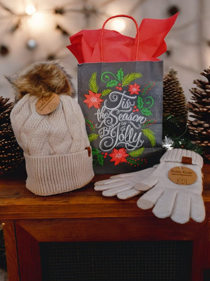 Tis the Season Gift Bundle: Decorative Bag, Green/Red Tissue & Warm Hat and Glove Accessories