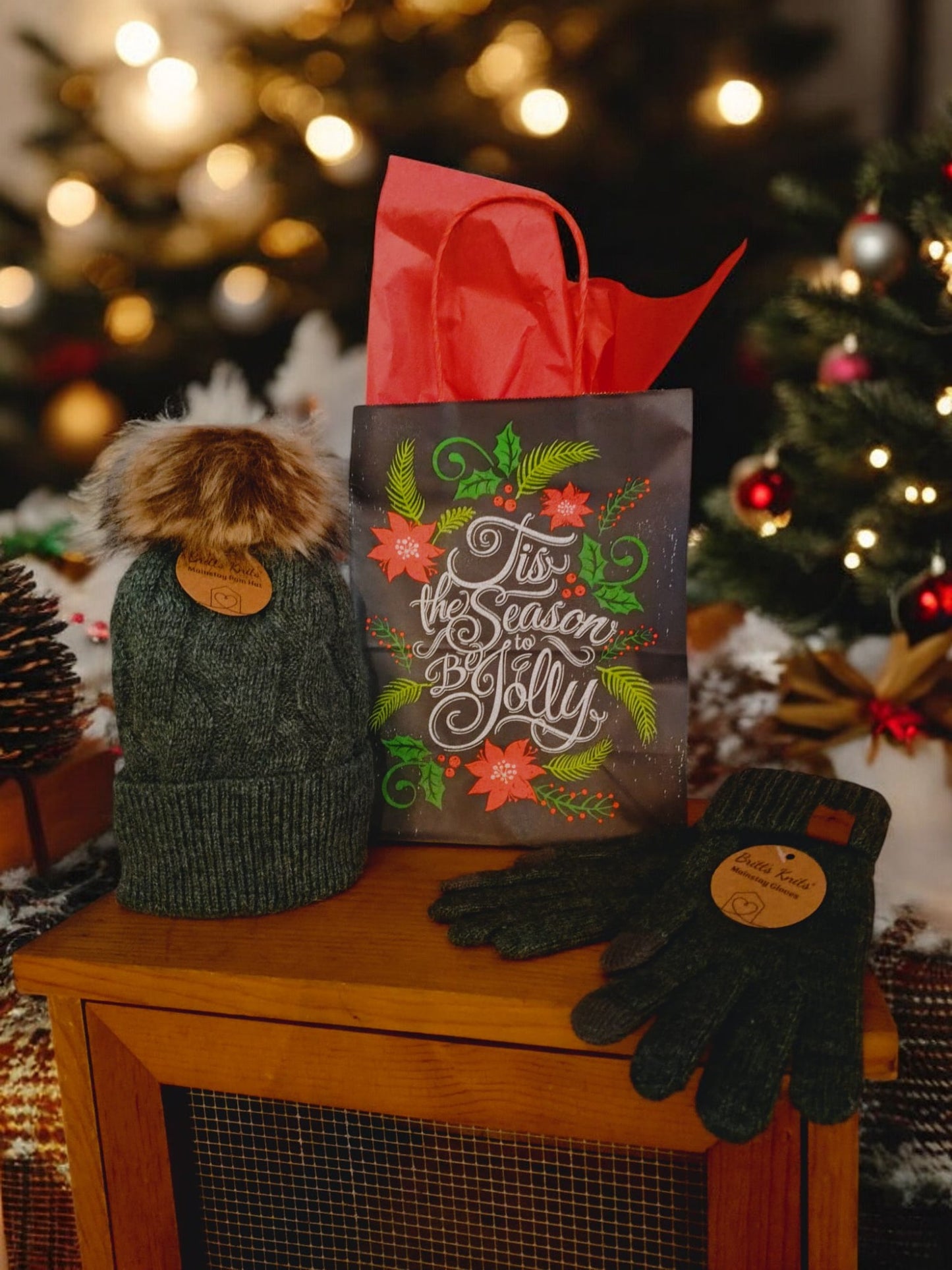 Tis the Season Gift Bundle: Decorative Bag, Green/Red Tissue & Warm Hat and Glove Accessories